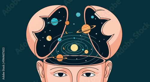 Open Mind Concept Featuring Planets and Universe Elements as a Metaphor for Knowledge Creativity and Innovation Promoting Conceptual Exploration