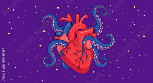 Heart With Tentacles in Space Illustration Conceptual Artwork Featuring Organ Surrounded by Cosmic Background and Tentacles Illustration Digital Art