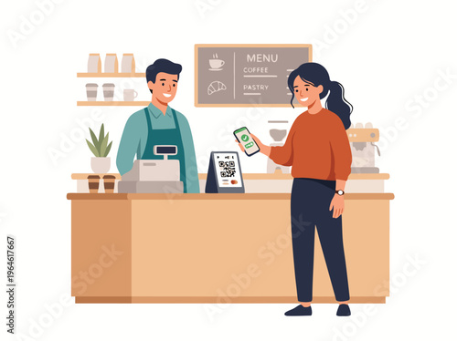 Customer paying with smartphone at coffee shop counter.