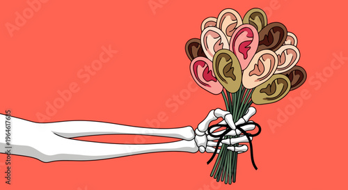 Surreal Bouquet of Ears Gifted by Skeleton Arm on Coral Backdrop Illustration Unique Artwork and Morbid Beauty for Artistic Expression