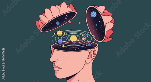 Creative Mind Unleashed Conceptual Illustration Planets and Galaxies Exploding from the Open Head Space Exploration Idea Imagination Concept