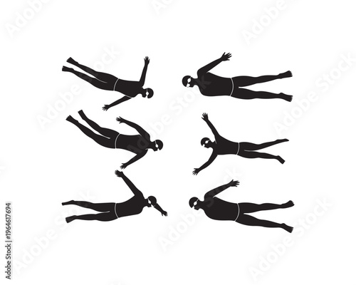 Six black silhouette of swimmers in a horizontal floating or gliding position, arms and legs extended on a white background