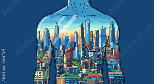 Cityscape Silhouette Urban Sprawl Artistically Encapsulated Within a Human Form Representing Interconnectedness and Growth Featuring Skyscraper