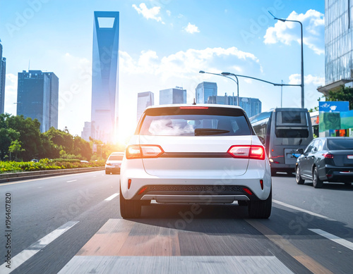 Experience urban mobility with this sleek white SUV navigating a sundrenched city highway. Perfect for automotive, travel, and modern lifestyle themes in creative commercial projects.