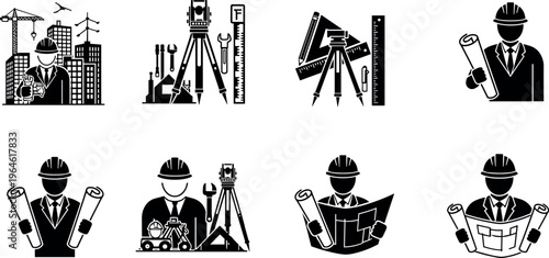 Set of Professional Plumber Silhouettes and Detailed Plumbing Icons Including Men Working with Wrenches Pipes Faucets and Various Repair ToolsSet 