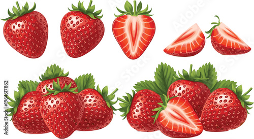 Set of fresh strawberries with leaves and slices isolated on white background juicy fruit vector illustration collection