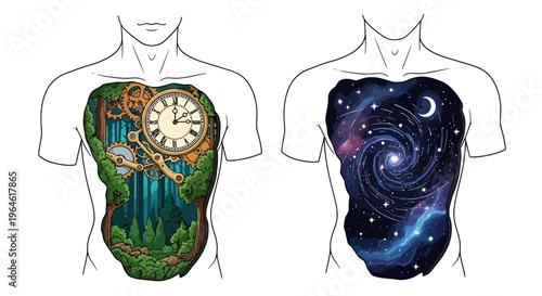 Conceptual Body Art Featuring Opposing Lifestyles of Nature and Space Exploring Dualism in Life and Self Expression Through Body Decoration