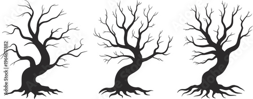 Bare twisted tree silhouettes set perfect for Halloween spooky themes nature illustrations and dark forest design projects