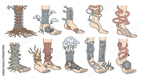 Creative Feet Illustration Set with Unusual Elements Depicting Nature and Machinery Suitable for Artistic Projects and Unique Designs within Digital