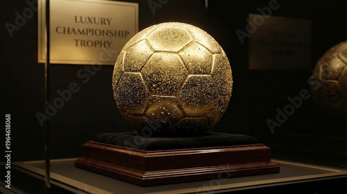 Golden soccer ball trophy displayed on a wooden pedestal indoors