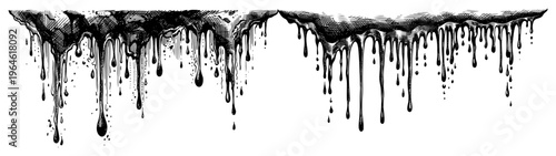 Liquid drops and slime dripping from an edge in vintage engraving style