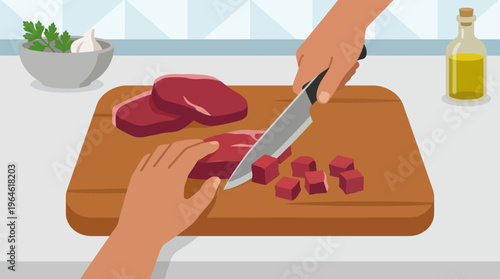 Dicing Fresh Raw Beef on a Wooden Cutting Board for Cooking.