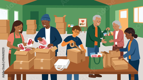 Diverse Volunteers Packing Boxes with Food and Supplies for Charity.