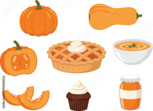 Colorful collection of pumpkin harvest illustrations featuring whole pumpkins pie soup cupcake and jam for autumn seasonal designs