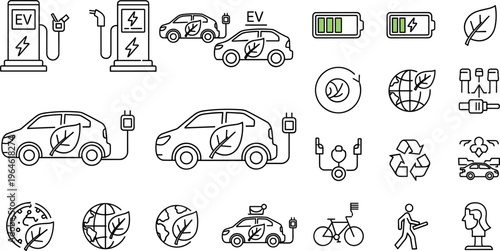 Electric vehicle eco transportation line icons set including charging stations battery renewable energy green mobility sustainable automotive concepts