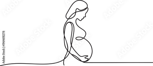 Elegant one line drawing depicting a pregnant woman in profile view. One line draw graphic design vector