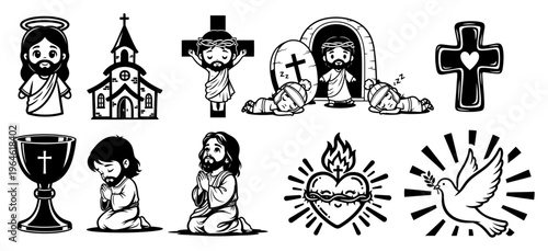 Jesus Christ cartoon characters and religious Easter symbols with thick outlines in cute illustration style