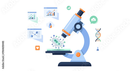 Scientific Research Illustration: Microscope Examining Microorganism with Data Analysis, DNA, and Lab Elements. Concept for Biology, Health & Biotechnology