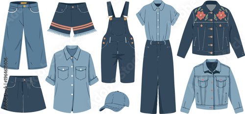 Jeans clothes vector set featuring ripped denim casual fashion with cartoon jean jackets, pants, shorts, skirts, dresses and trendy outfits