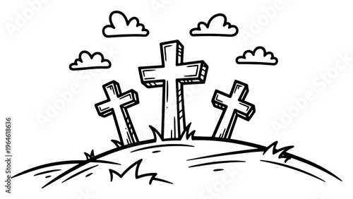 Three wooden crosses on a hill under clouds in hand drawn line art style