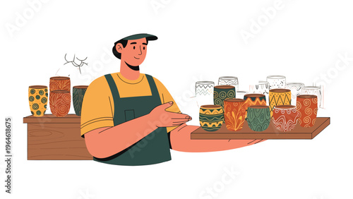 Craftsman and His Pottery: An artisan, clad in a cap and apron, presents a tray of intricately designed pottery pieces, highlighting his skill and the artistry of ceramic creation.