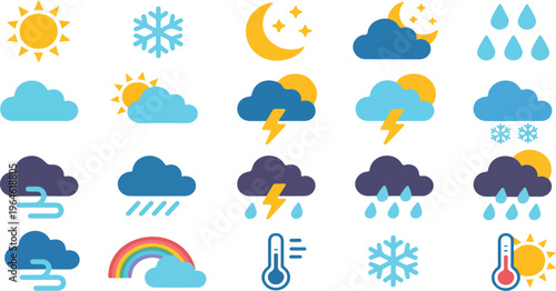 Paper cut weather icons vector set featuring rain, rainbow, sun, temperature, snow, clouds and meteorology forecast symbols illustration
