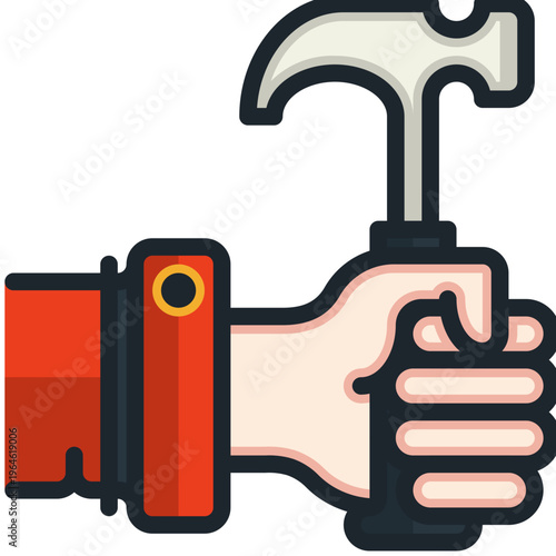 hand holding hammer for home repair and construction improvement flat design