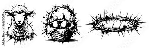 Easter religious symbols featuring lamb and crown of thorns in high contrast woodcut style