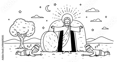 Jesus Christ standing at the tomb entrance after resurrection with sleeping guards in line art doodle style