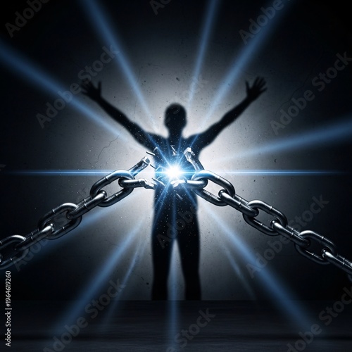 Breaking Chain with Human Shadow Freedom Concept, Liberation Success Power Symbol, Dark Background Copy Space