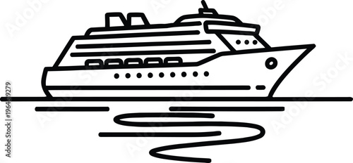 Minimalist line art illustration of a large cruise ship sailing on the calm ocean water surface