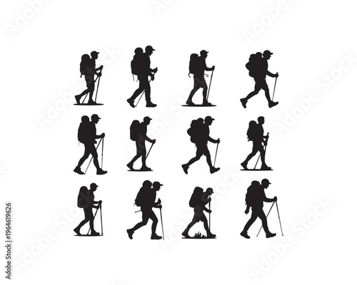 Twelve Black Silhouettes of Hikers with Backpacks and Trekking Poles Walking on Various Terrains on a White Background
