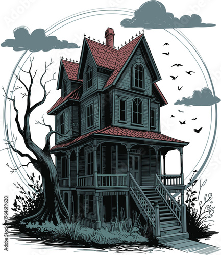 Haunted Victorian house illustration with eerie tree and flying bats perfect for Halloween designs spooky themes and gothic artwork