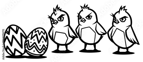Angry little chicks standing near patterned Easter eggs in bold cartoon character style
