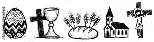 Christian Easter religious icons with church and crucifixion scene in hand drawn sketch style