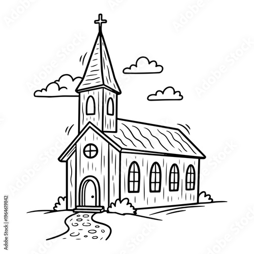 Wooden church building with steeple and path in simple cartoon line art style