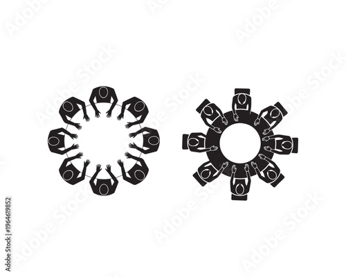 Two distinct black silhouette showing groups of people sitting around circular tables, one with a hollow center and the other