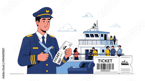 Ticket Inspector and the Voyage: A friendly ticket inspector, dressed in an authoritative uniform, diligently checks tickets with a pair of scissors.
