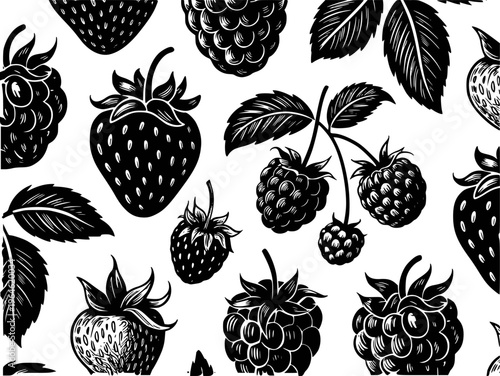 Black and white pattern of strawberries and raspberries with leaves a white background