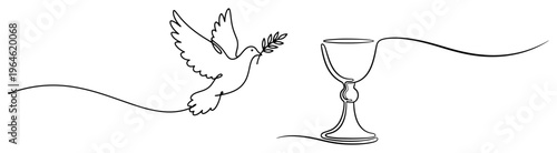Peace dove with olive branch and holy communion chalice in continuous line drawing style