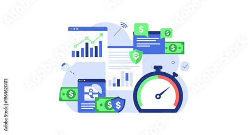 Time is Money: Financial Performance, Data Optimization, Secure Investment, and Speed Efficiency Flat Illustration
