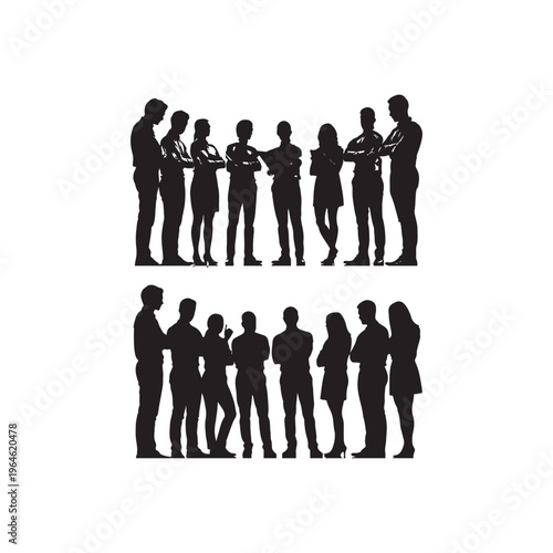 Two rows of black silhouette figures of diverse groups of men and women standing together, arms crossed or relaxed, in or