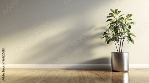 Interior space features a potted tropical foliage plant illuminated by strong directional sunlight casting shadows on a neutral wall.