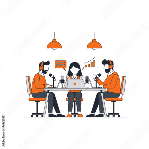 Podcast hosts discuss ideas at table with microphones and laptops.