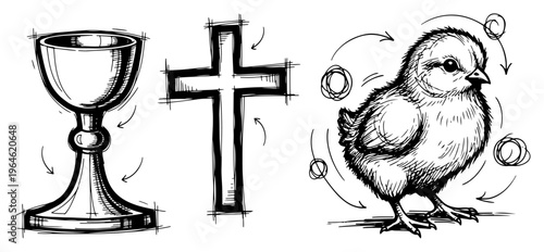 Holy chalice with Christian cross and baby chick in hand drawn sketch style