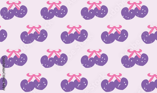 Trendy coquette Italian summer vacation aesthetic seamless pattern with purple heart shaped cherries and pink bows for romantic fashion apparel textile and wrapping paper design illustration