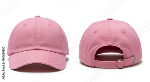 Concept of casual fashion with a blank pink baseball cap front and back view of a dad hat isolated on a white background for mockup hat mockup mockup cap hat template fashion clothing baseball front s