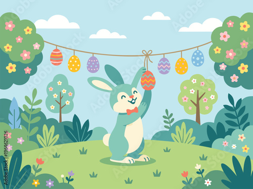 Cute Easter Bunny Hanging Decorated Eggs in a Spring Meadow.