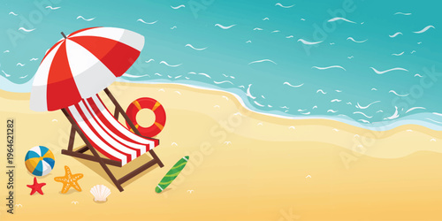 Top View Beach Scene with Umbrella Chair and Ocean Waves Illustration