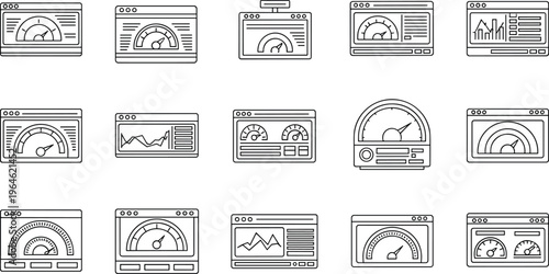 Website performance monitoring icons for seo analysis dashboard and loading speed optimization vector elements